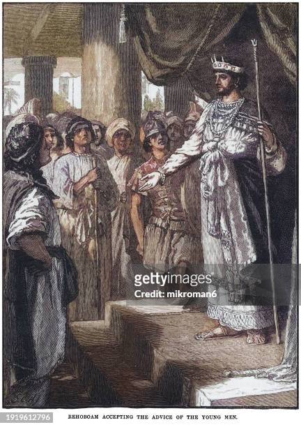 old engraved illustration of rehoboam (according to the hebrew bible, the first monarch of the kingdom of judah after the split of the united kingdom of israel) accepting the advice of the young men - foreign language stock pictures, royalty-free photos & images