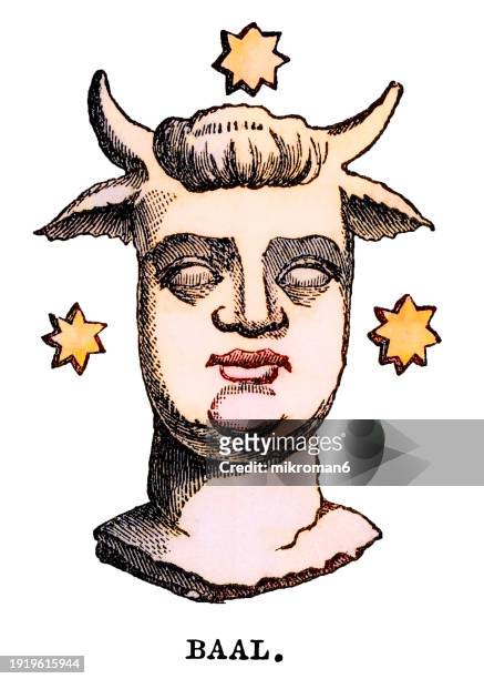 old engraved illustration of baal, god of fertility, prince, lord of the earth. he was also called the lord of rain and dew, the two forms of moisture that were indispensable for fertile soil in canaan - gods baal stock pictures, royalty-free photos & images