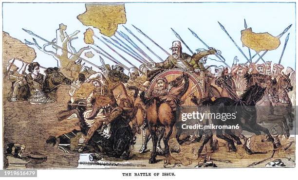 old engraved illustration of battle of issus - paintings stock pictures, royalty-free photos & images