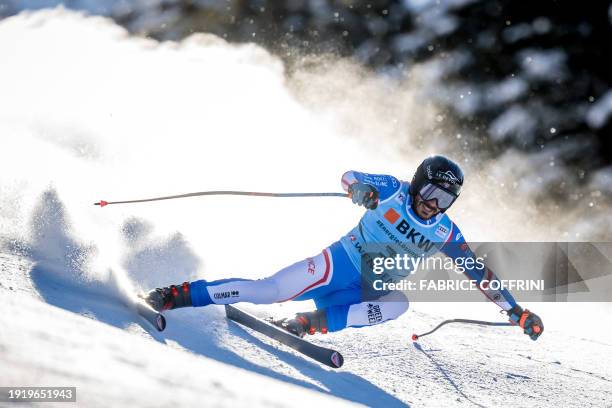 France's Cyprien Sarrazin competes in the men's Super-G event at the FIS Alpine Skiing World Cup event in Wengen on January 12, 2024.