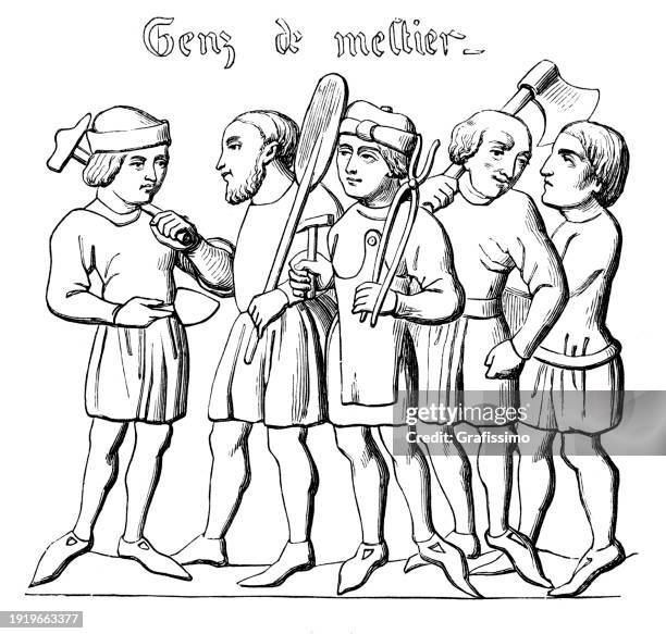 woodcut group of people blacksmith - baker - lumberjack - construction worker 14th century - art smith stock illustrations