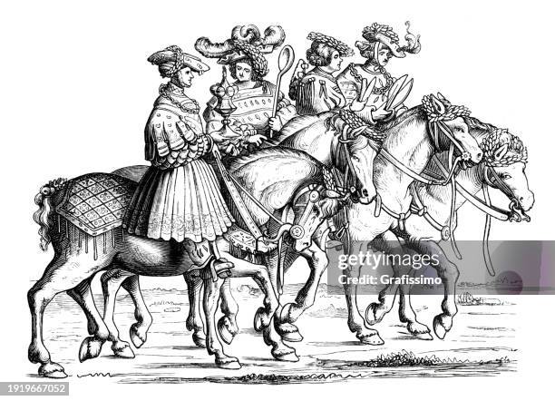 stockillustraties, clipart, cartoons en iconen met officer riding horses 16th century woodcut - circa 15th century