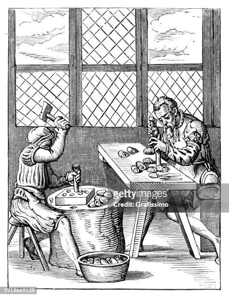stockillustraties, clipart, cartoons en iconen met men manufacturing thimble 16th century - circa 15th century