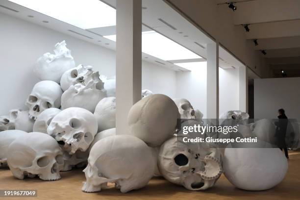 Visitors look at the work titled “Mass”, 2017 by Australian-born artist Ron Mueck at Triennale di Milano on January 09, 2024 in Milan, Italy.