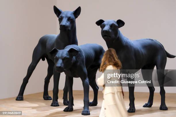 Visitors look at the work titled “En Garde”, 2023 by Australian-born artist Ron Mueck at Triennale di Milano on January 09, 2024 in Milan, Italy.