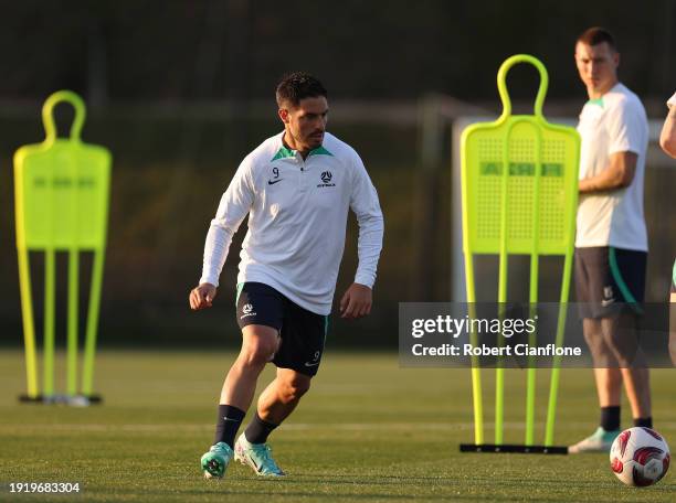 Bruno Fornaroli of Australia controls the ball during an Australia Socceroos training session ahead of the the AFC Asian Cup at Qatar University...