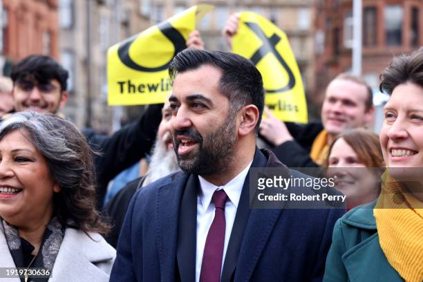 Humza Yousaf, Scottish First Minister and leader of the SNP poses for the media uring the launch of the SNP general election campaign at Òran Mór on...
