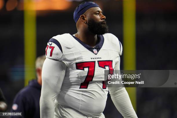 George Fant of the Houston Texans runs across the field during an NFL football game against the Indianapolis Colts at Lucas Oil Stadium on January 6,...
