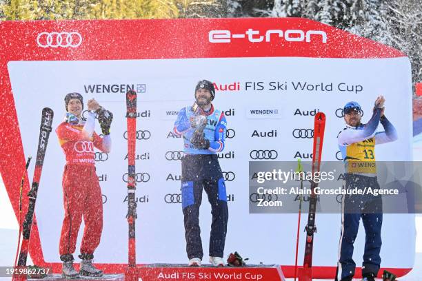 Marco Odermatt of Team Switzerland takes 2nd place, Cyprien Sarrazin of Team France takes 1st place, Aleksander Aamodt Kilde of Team Norway takes 3rd...