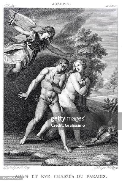 cherubim angel expulsion adam and eve from garden eden 1810 - garden of eden art stock illustrations