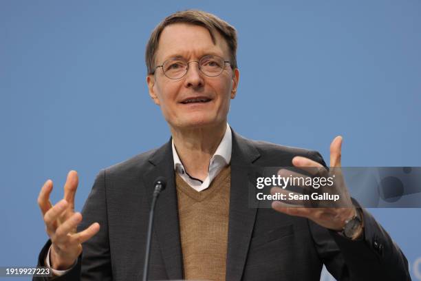 German Health Minister Karl Lauterbach speaks to the media following a summit with physicians associations on January 09, 2024 in Berlin, Germany....