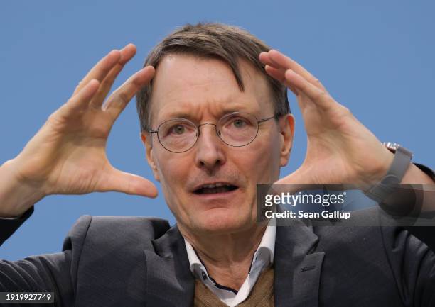 German Health Minister Karl Lauterbach speaks to the media following a summit with physicians associations on January 09, 2024 in Berlin, Germany....