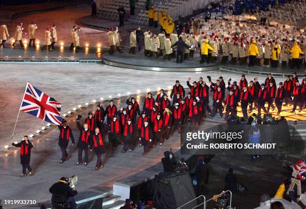 Great Britain's delegation arrives 08 February 2002 during the opening ceremonies of the 2002 Winter Olympics at the Rice Eccles Stadium in Salt Lake...