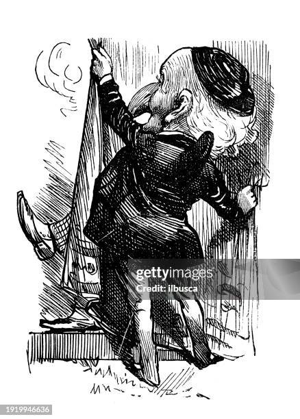 british satire caricature comic cartoon illustration - behind the curtain stock illustrations