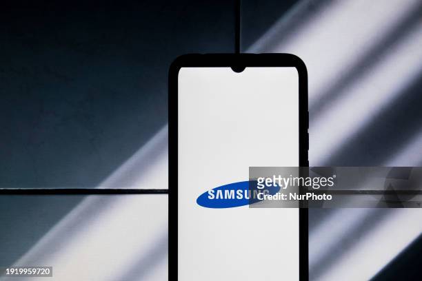 The Samsung logo is displayed on a smartphone screen in Athens, Greece, on January 12, 2024.