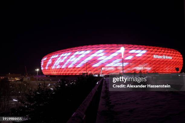 The lettering 'Danke Franz' lights up in memory of the late Franz Beckenbauer at Allianz Arena on January 09, 2024 in Munich, Germany. Beckenbauer,...