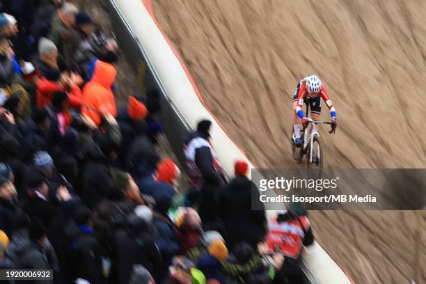 Puck Pieterse heading for the first place races during the womens UCI World Cup Cyclo-Cross in Zonhoven, Belgium, season 2023-2024 on January 7, 2024...