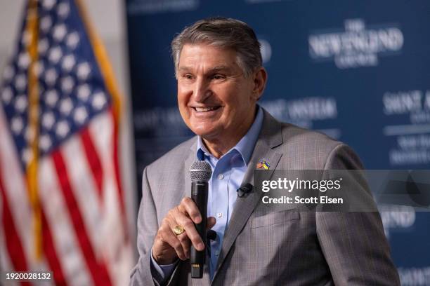 Sen. Joe Manchin speaks during a "Politics & Eggs" event at the New Hampshire Institute Politics at St. Anselm College on January 12, 2024 in...