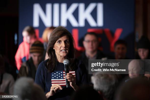 Republican presidential candidate former U.N. Ambassador Nikki Haley speaks during a campaign event at Mickey's Irish Pub on January 09, 2024 in...