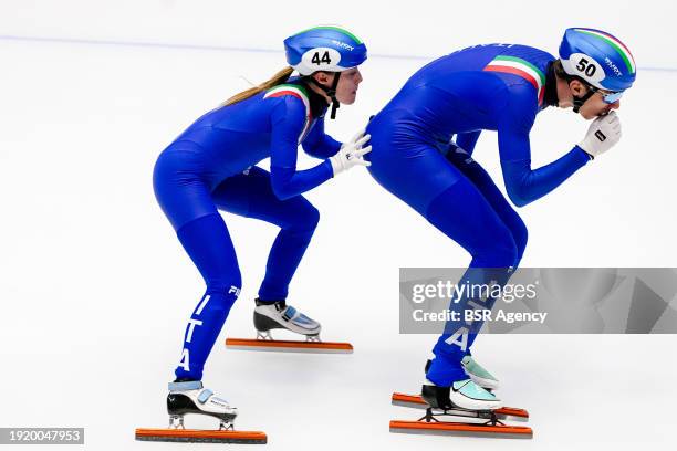 Gloria Ioriatti of Italy, Thomas Nadalini of Italy competing on the Mixed Team Relay Quarter Final during the ISU European Short Track Speed Skating...