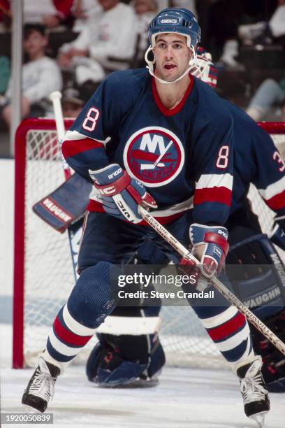 New York Islander's defenseman, Jeff Norton, stands in front of his goal looking to stop the Devil's attack during the game against the NJ Devils at...