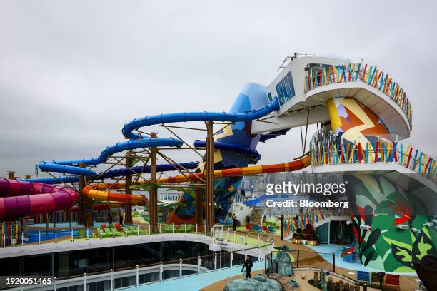 Water slides at the Thrill Island waterpark onboard the Royal Caribbean Icon of the Seas cruise ship at PortMiami in Miami, Florida, US, on Thursday,...