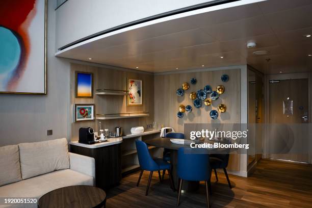 The living room of a suite onboard the Royal Caribbean Icon of the Seas cruise ship at PortMiami in Miami, Florida, US, on Thursday, Jan. 11, 2024....