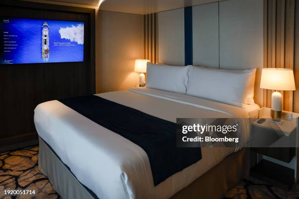 The bedroom of a suite onboard the Royal Caribbean Icon of the Seas cruise ship at PortMiami in Miami, Florida, US, on Thursday, Jan. 11, 2024. The...