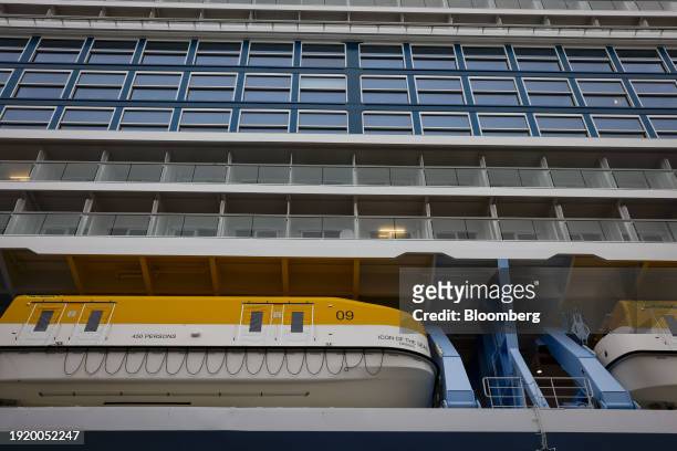 Emergency boats onboard the Royal Caribbean Icon of the Seas cruise ship at PortMiami in Miami, Florida, US, on Thursday, Jan. 11, 2024. The Icon of...