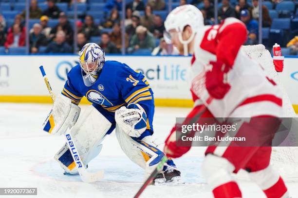 Eric Comrie of the Buffalo Sabres tends net against the Detroit Red Wings during an NHL game on December 5, 2023 at KeyBank Center in Buffalo, New...