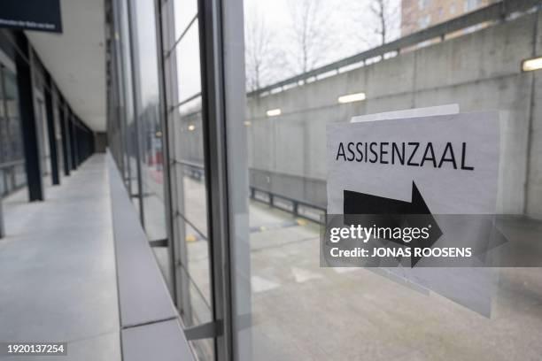 Illustration picture shows the sign to the 'Assisenzaal' in the building of the Court of East-Flanders in Gent during on Friday 12 January 2024....