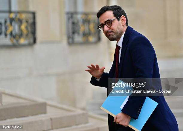 French Europe and Foreign Minister Stephane Sejourne arrives attends the weekly cabinet meeting at the presidential Elysee Palace on January 12, 2024...