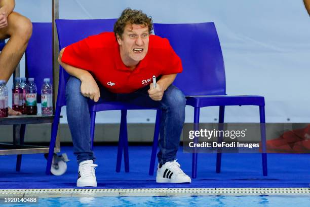 Team Assistant Coach Karrol Baco from SLovakia angry during the 2024 European Men's Water Polo Championships Preliminary Round Group D match between...