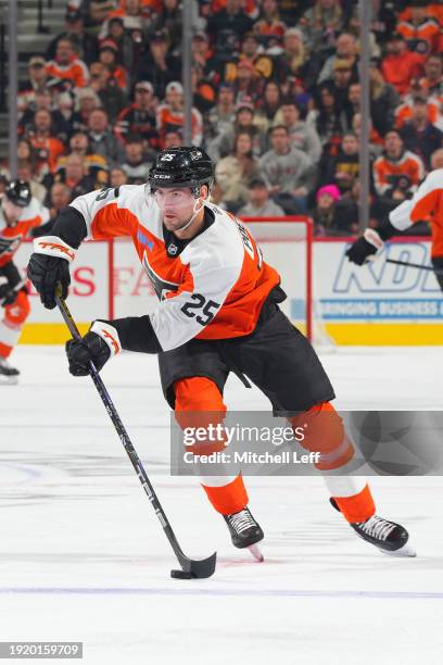 Ryan Poehling of the Philadelphia Flyers controls the puck against the Pittsburgh Penguins at the Wells Fargo Center on January 8, 2024 in...