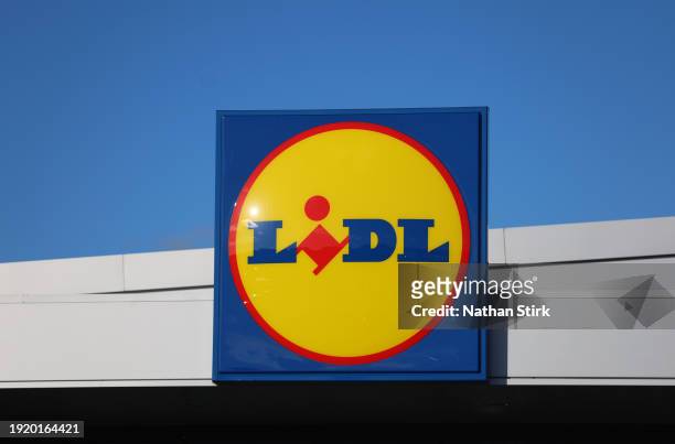Lidl logo is displayed outside one of its stores on January 09, 2024 in Stoke-on-Trent, United Kingdom.