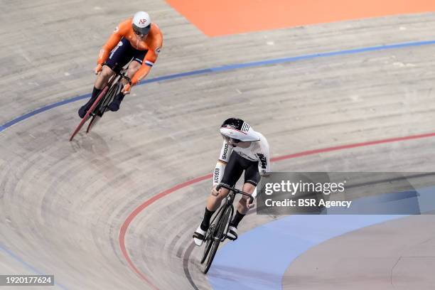 Jeffrey Hoogland of the Netherlands and Luca Spiegel of Germany competing in the Men's Sprint 1/8 Finals during Day 3 of the 2024 UEC Track Elite...