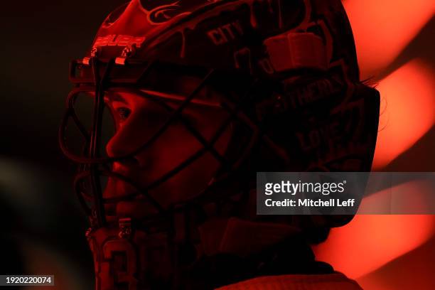 Samuel Ersson of the Philadelphia Flyers looks on prior to the game against the Columbus Blue Jackets at the Wells Fargo Center on January 4, 2024 in...