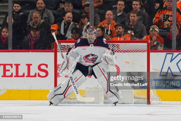 Daniil Tarasov of the Columbus Blue Jackets in action against the Philadelphia Flyers at the Wells Fargo Center on January 4, 2024 in Philadelphia,...