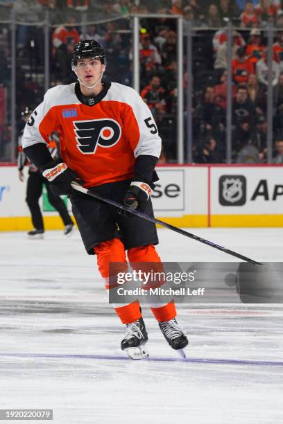 Egor Zamula of the Philadelphia Flyers in action against the Columbus Blue Jackets at the Wells Fargo Center on January 4, 2024 in Philadelphia,...