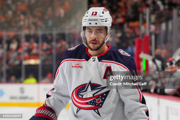 Johnny Gaudreau of the Columbus Blue Jackets looks on against the Philadelphia Flyers at the Wells Fargo Center on January 4, 2024 in Philadelphia,...