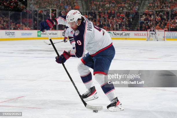 Ivan Provorov of the Columbus Blue Jackets controls the puck against the Philadelphia Flyers at the Wells Fargo Center on January 4, 2024 in...