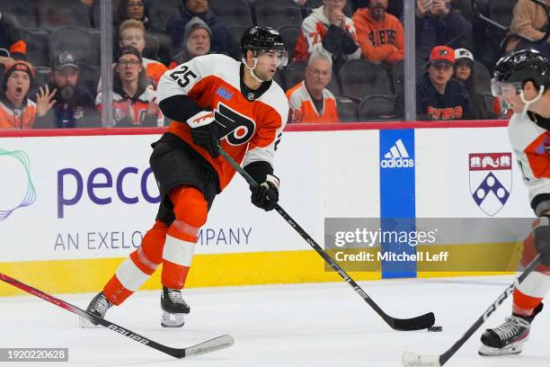 Ryan Poehling of the Philadelphia Flyers controls the puck against the Columbus Blue Jackets at the Wells Fargo Center on January 4, 2024 in...