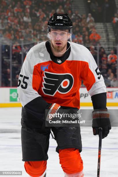 Rasmus Ristolainen of the Philadelphia Flyers looks on against the Columbus Blue Jackets at the Wells Fargo Center on January 4, 2024 in...