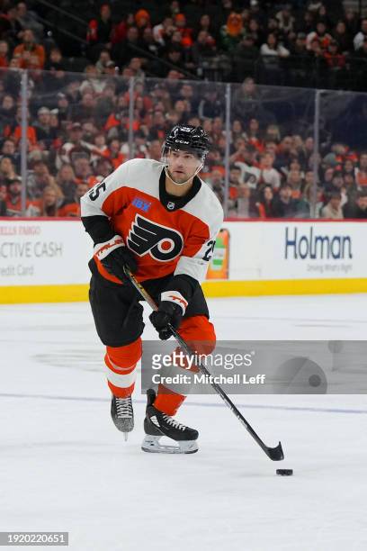 Ryan Poehling of the Philadelphia Flyers controls the puck against the Columbus Blue Jackets at the Wells Fargo Center on January 4, 2024 in...