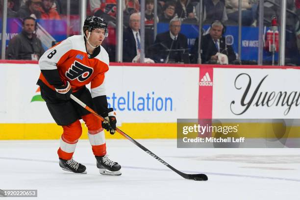 Cam York of the Philadelphia Flyers controls the puck against the Columbus Blue Jackets at the Wells Fargo Center on January 4, 2024 in Philadelphia,...