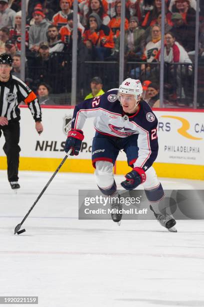 Jake Bean of the Columbus Blue Jackets controls the puck against the Philadelphia Flyers at the Wells Fargo Center on January 4, 2024 in...