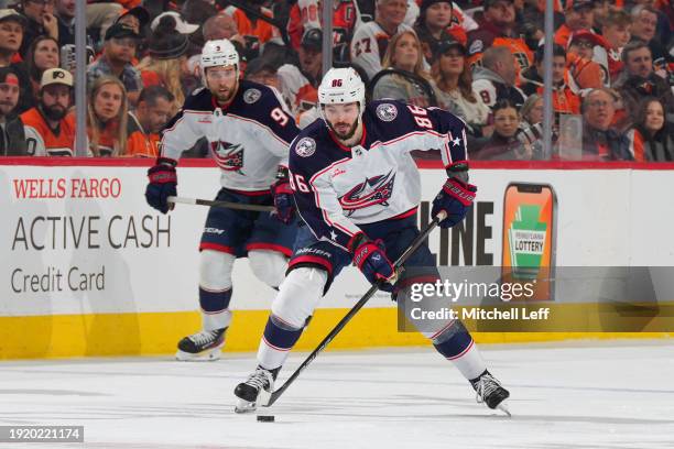 Kirill Marchenko of the Columbus Blue Jackets controls the puck against the Philadelphia Flyers at the Wells Fargo Center on January 4, 2024 in...