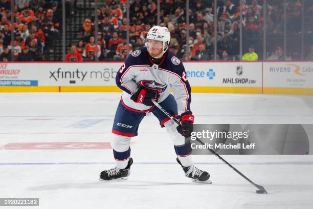 Jake Christiansen of the Columbus Blue Jackets controls the puck against the Philadelphia Flyers at the Wells Fargo Center on January 4, 2024 in...