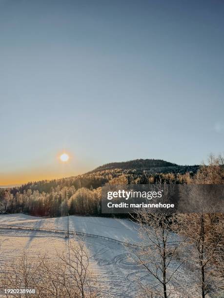 rural winter landscape at sunset, baerum, akershus, norway - bærum stock pictures, royalty-free photos & images