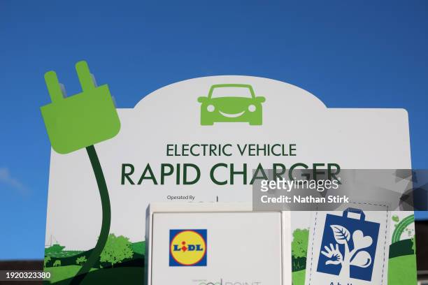 Electric vehicle rapid charger point at a Lidl store on January 09, 2024 in Stoke-on-Trent, United Kingdom.